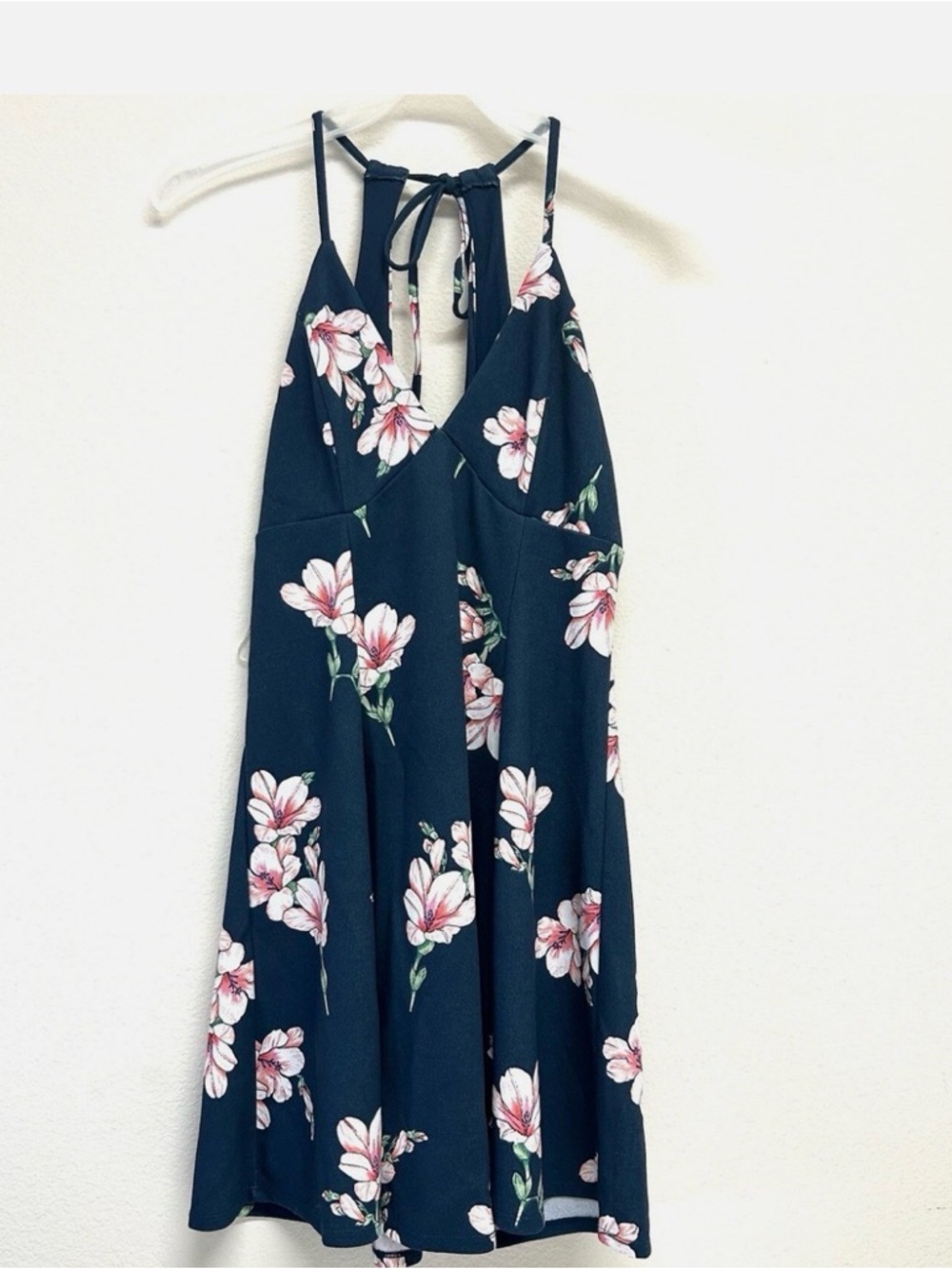 Small Backless Fit & Flare Mini Dress Floral Halter Tie Neck Stretch Multicol